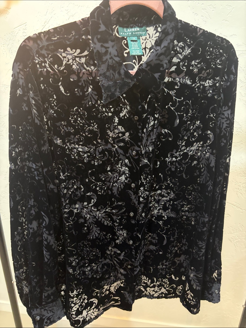 Lauren Ralph Lauren Black Velvet Burnout Button-Down Shirt 2X
